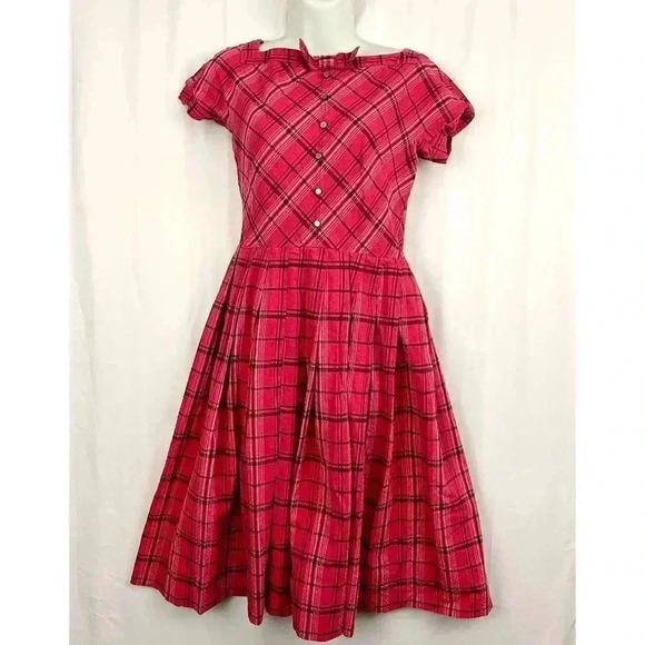 VTG Jonathan Logan Dress Sz 9 Pink Plaid Swiss Dot 1960s Zip Back - Picture 7 of 16